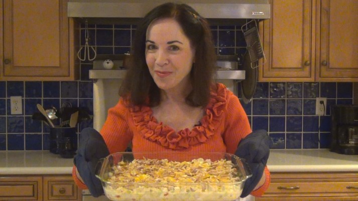 Bonnie with Mom's 'Chicken' Casserole - hot out of the oven